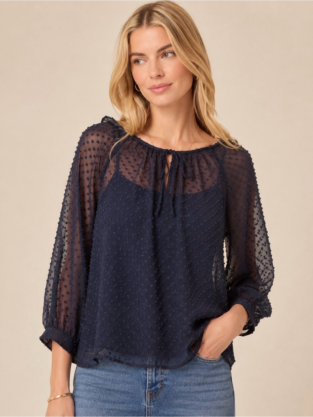 J.Crew Navy Swiss Dot Sheer Blouse XS 3/4 Sleeve Keyhole Top